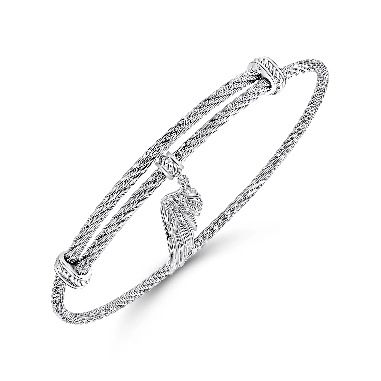 Adjustable Twisted Cable Stainless Steel Bangle with Angel Wing Charm in Sterling Silver, photograph 2