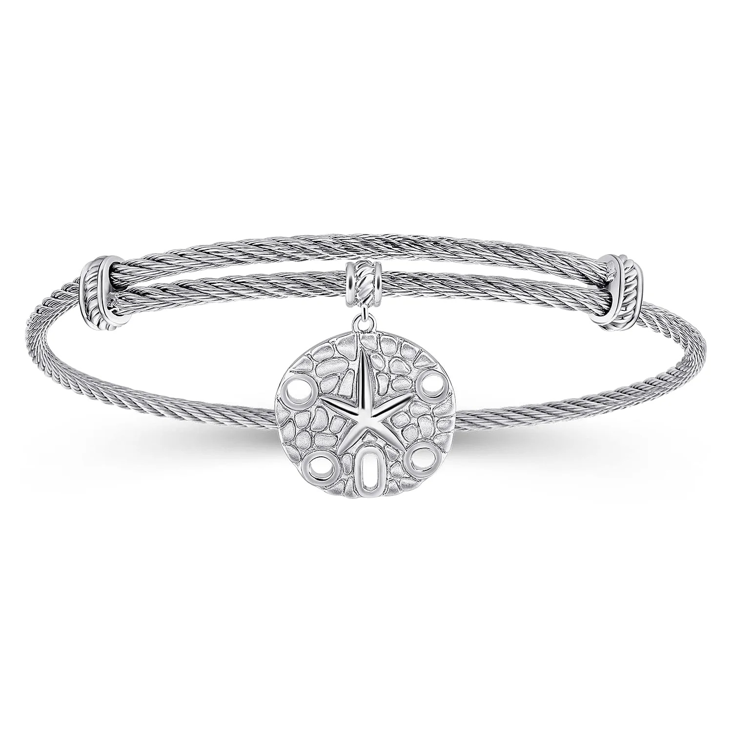 Adjustable Twisted Cable Stainless Steel Bangle with Sand Dollar Charm
