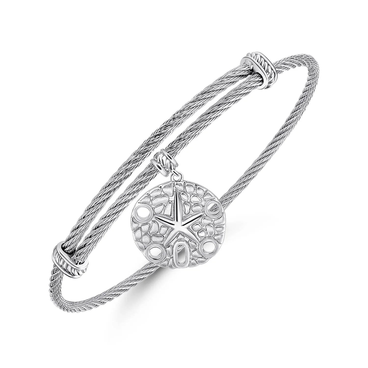 Adjustable Twisted Cable Stainless Steel Bangle with Sand Dollar Charm in Sterling Silver, photograph 2