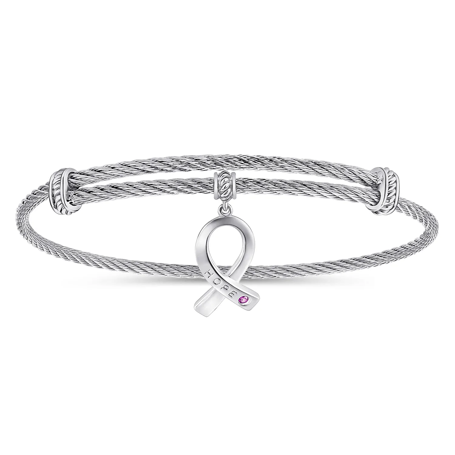 Adjustable Twisted Cable Stainless Steel Bangle with Amethyst Breast Cancer Charm