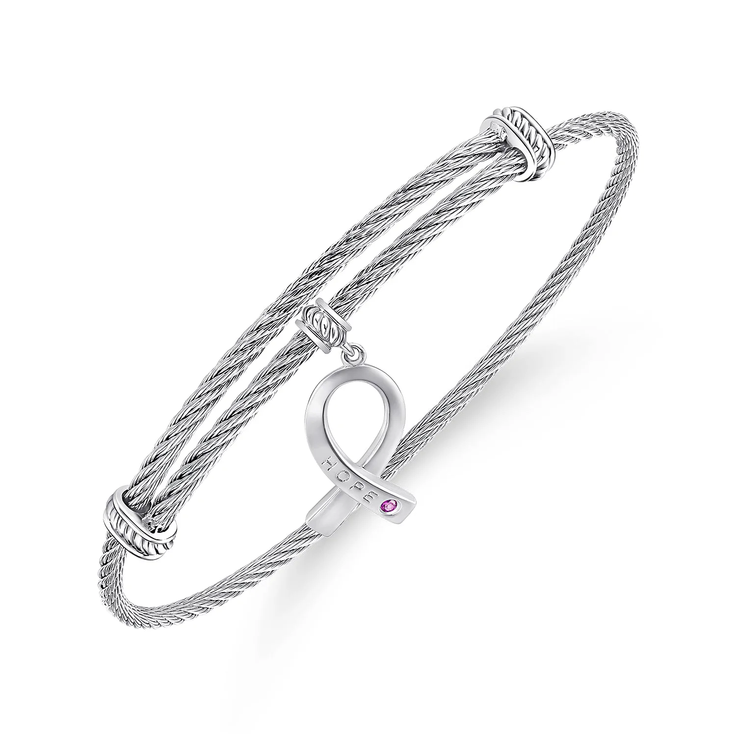 Adjustable Twisted Cable Stainless Steel Bangle with Amethyst Breast Cancer Charm in Sterling Silver, photograph 2