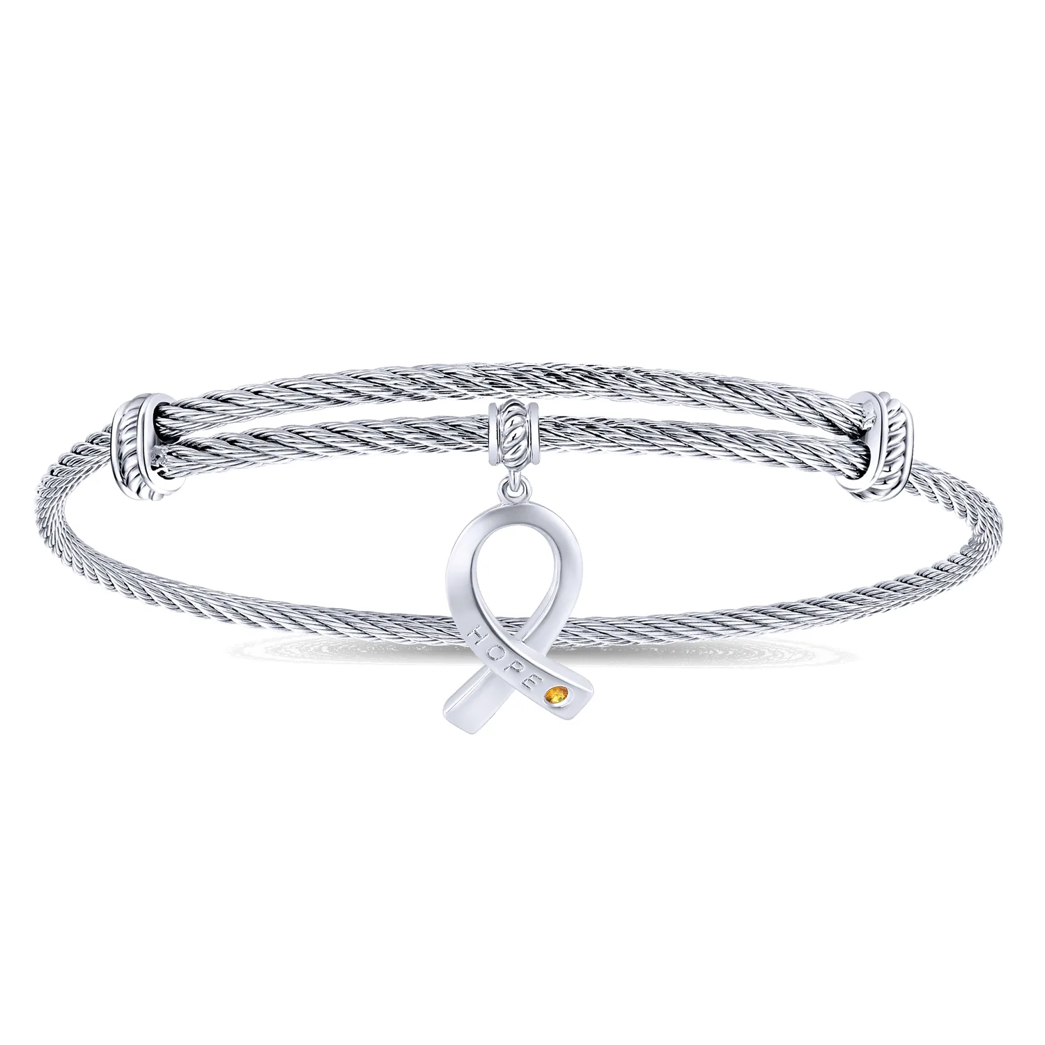 Adjustable Twisted Cable Stainless Steel Bangle with Citrine Breast Cancer Charm