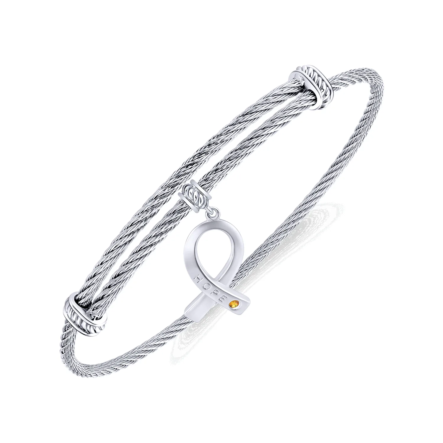 Adjustable Twisted Cable Stainless Steel Bangle with Citrine Breast Cancer Charm in Sterling Silver, photograph 2
