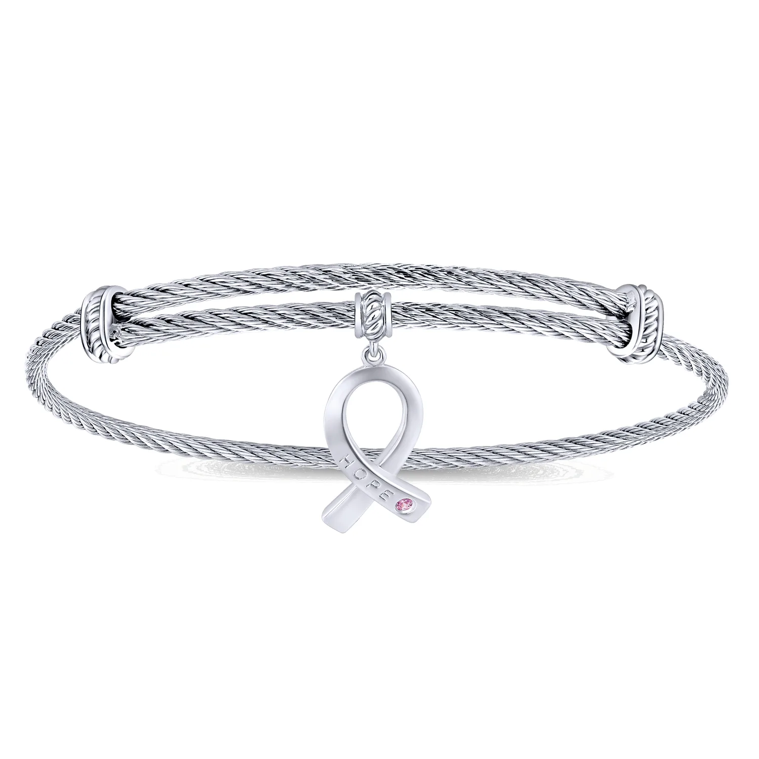 Adjustable Twisted Cable Stainless Steel Bangle with Pink Zircon Breast Cancer Charm