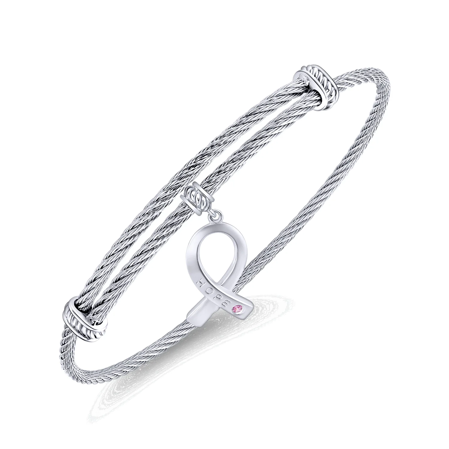 Adjustable Twisted Cable Stainless Steel Bangle with Pink Zircon Breast Cancer Charm in Sterling Silver, photograph 2