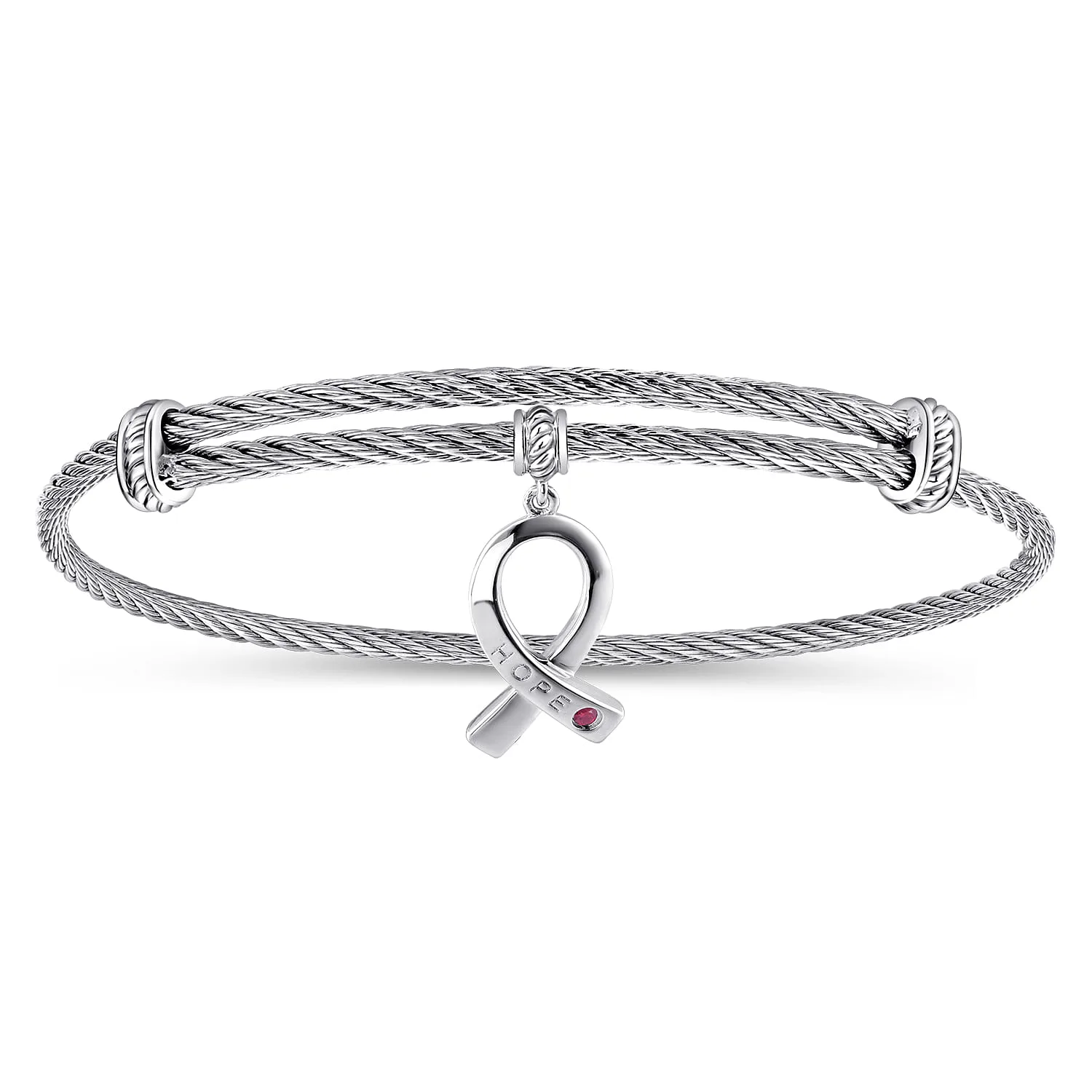 Adjustable Twisted Cable Stainless Steel Bangle with Ruby Breast Cancer Charm