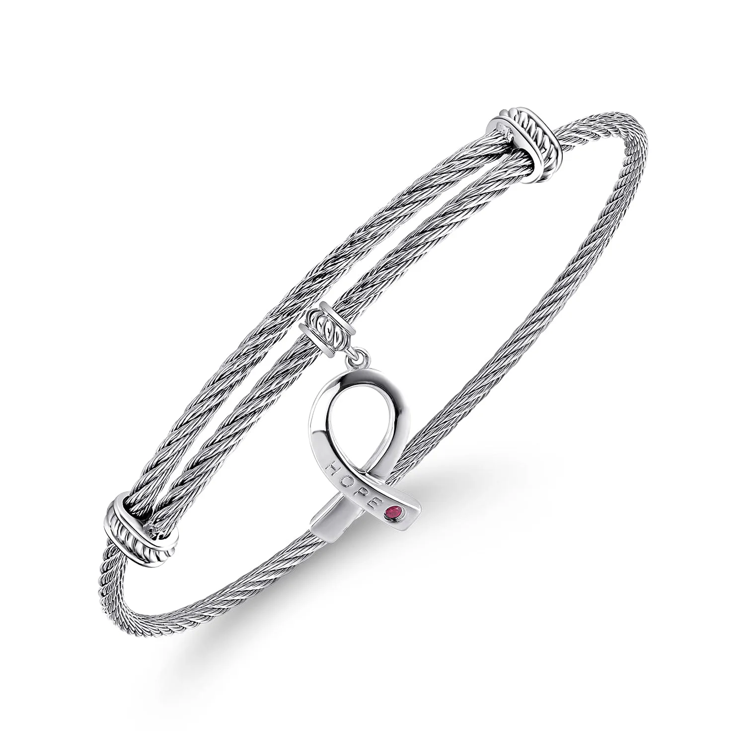 Adjustable Twisted Cable Stainless Steel Bangle with Ruby Breast Cancer Charm in Sterling Silver, photograph 2