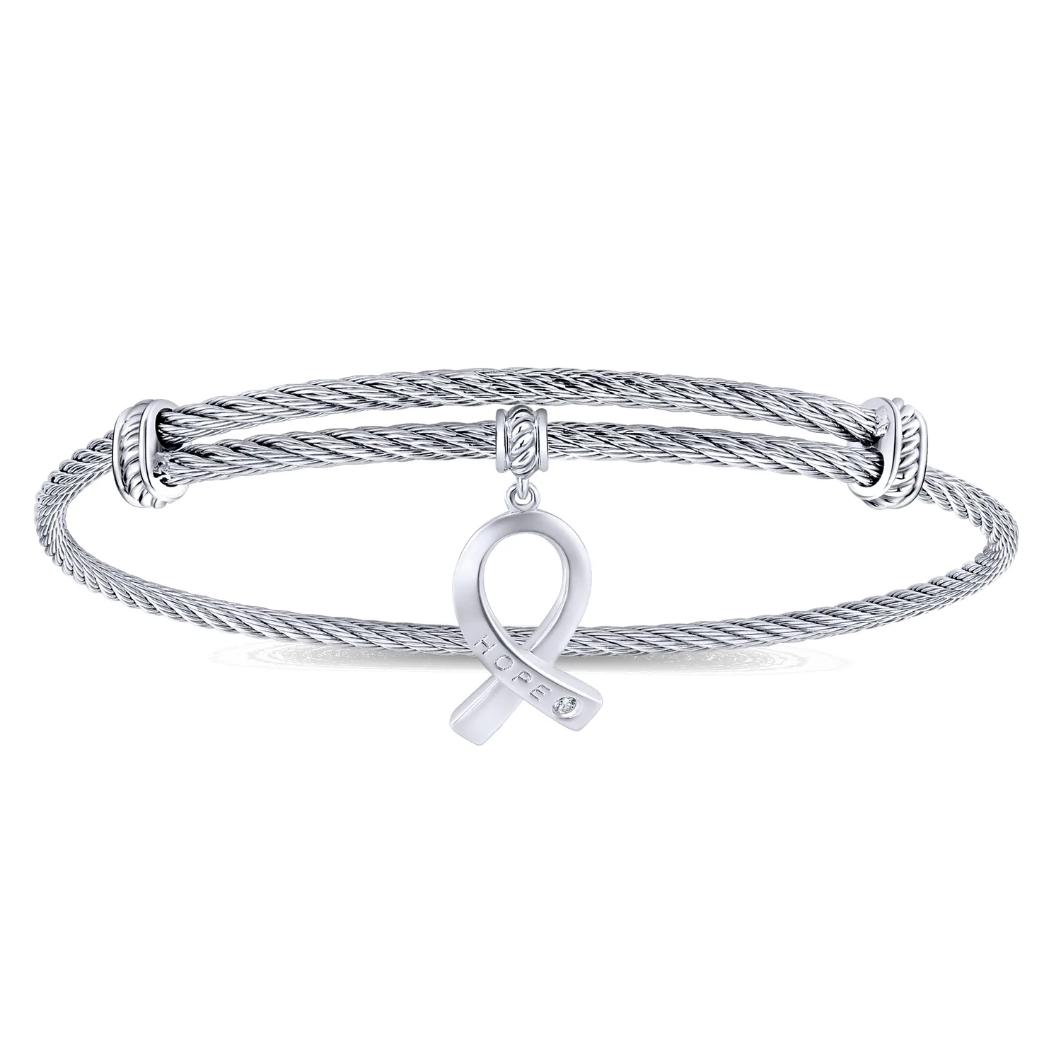 Stainless Steel Twisted Cable Bangle with Silver and White Sapphire HOPE Breast Cancer Awareness Charm