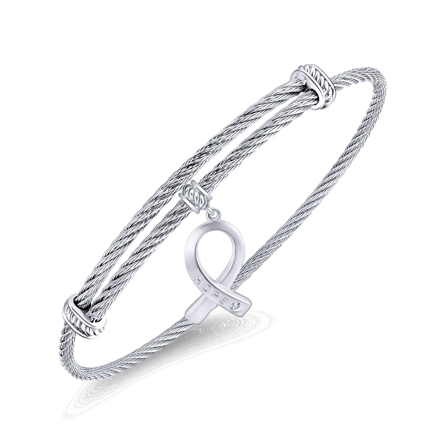 Stainless Steel Twisted Cable Bangle with Silver and White Sapphire HOPE Breast Cancer Awareness Charm in Sterling Silver, photograph 2