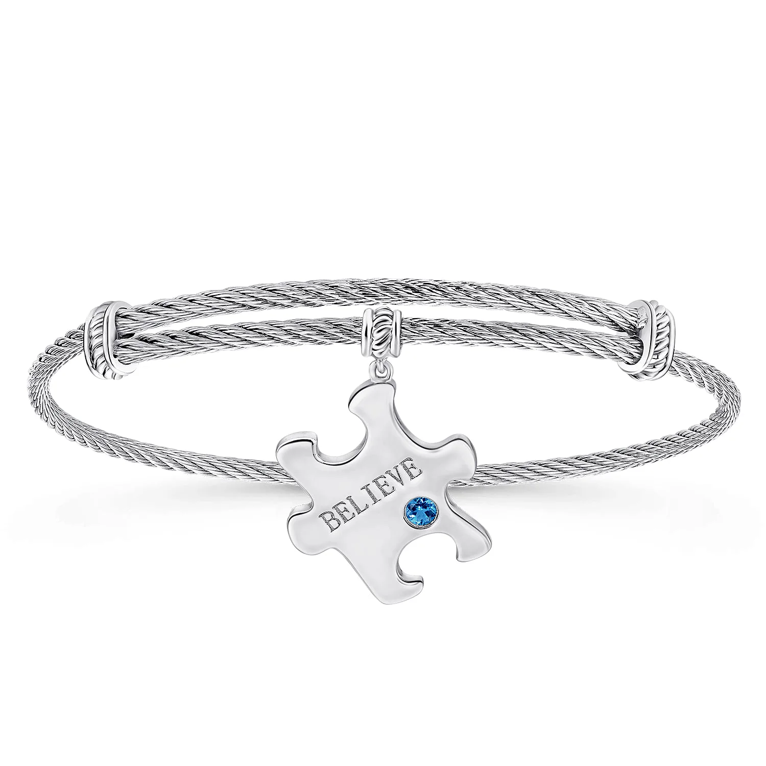 Adjustable Twisted Cable Stainless Steel Bangle with Blue Topaz Puzzle Piece Charm