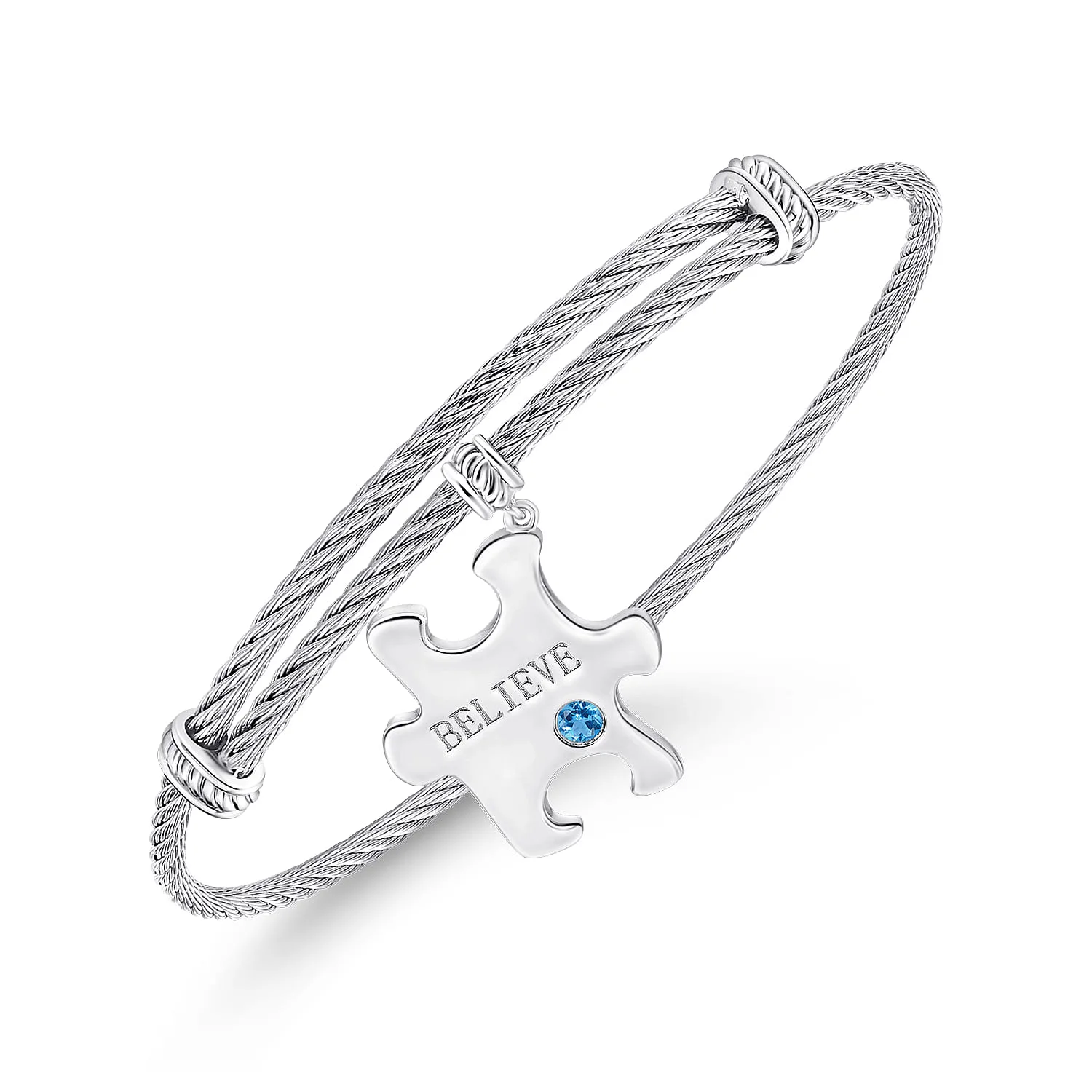 Adjustable Twisted Cable Stainless Steel Bangle with Blue Topaz Puzzle Piece Charm in Sterling Silver, photograph 2