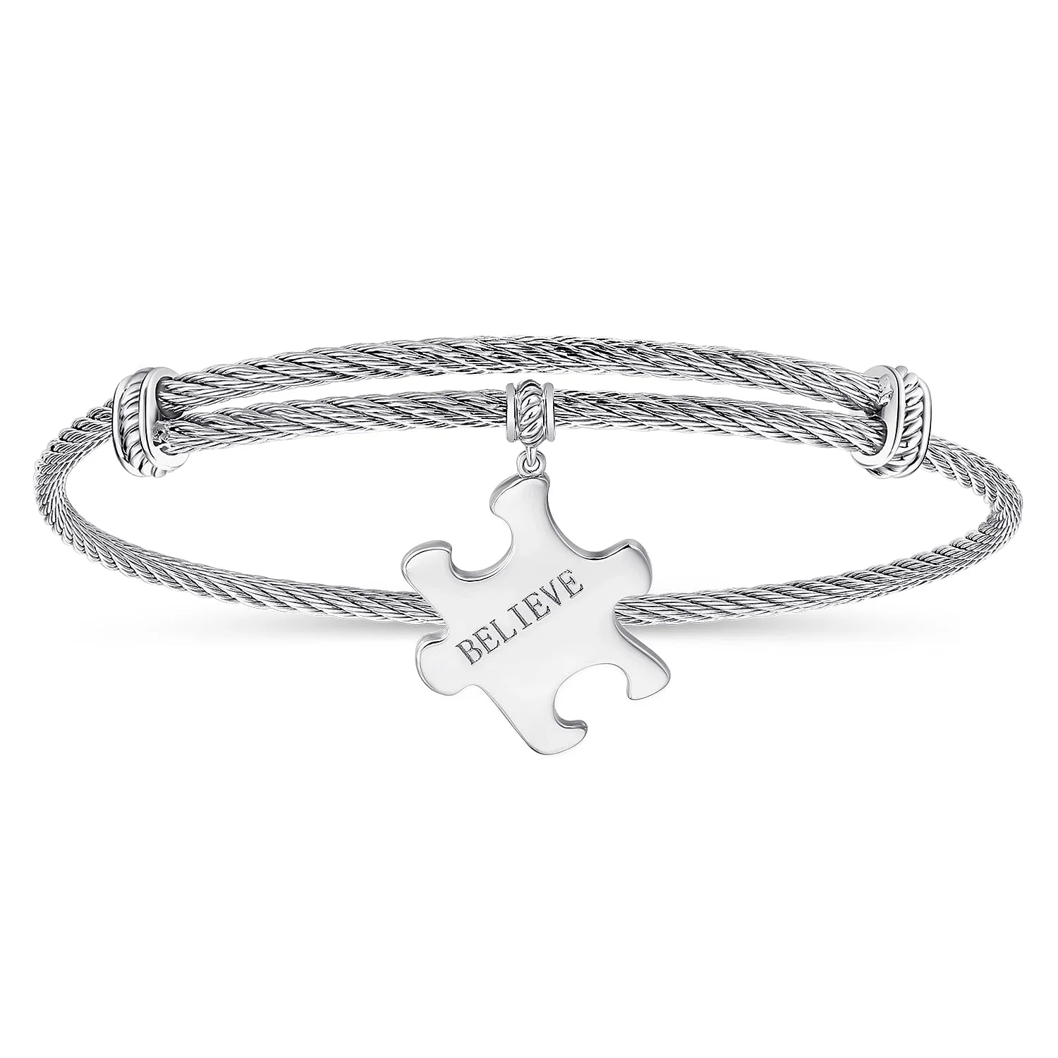 Twisted Cable Stainless Steel Bangle with Believe Puzzle Piece Charm