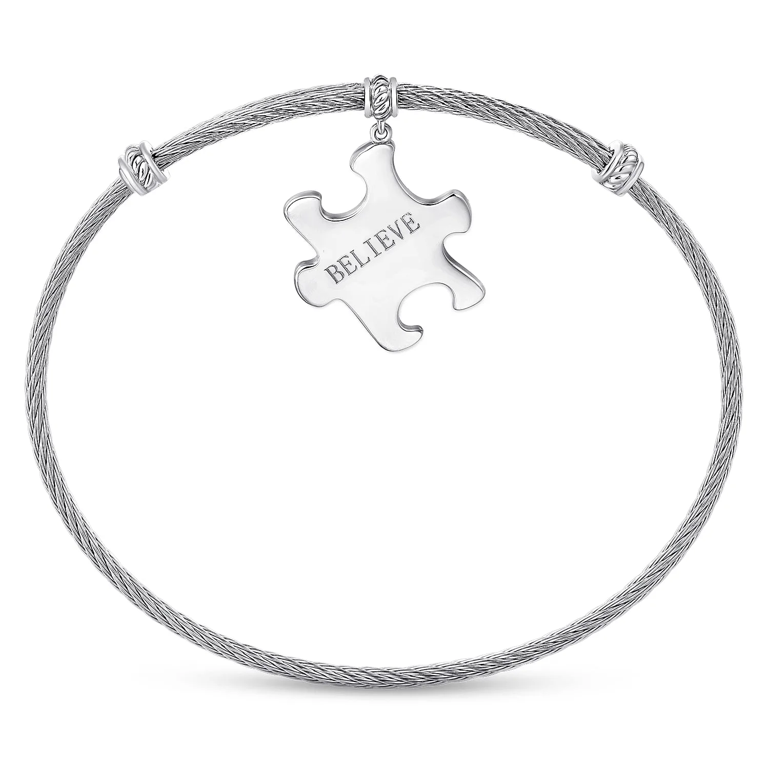 Twisted Cable Stainless Steel Bangle with Believe Puzzle Piece Charm in Sterling Silver, photograph 3