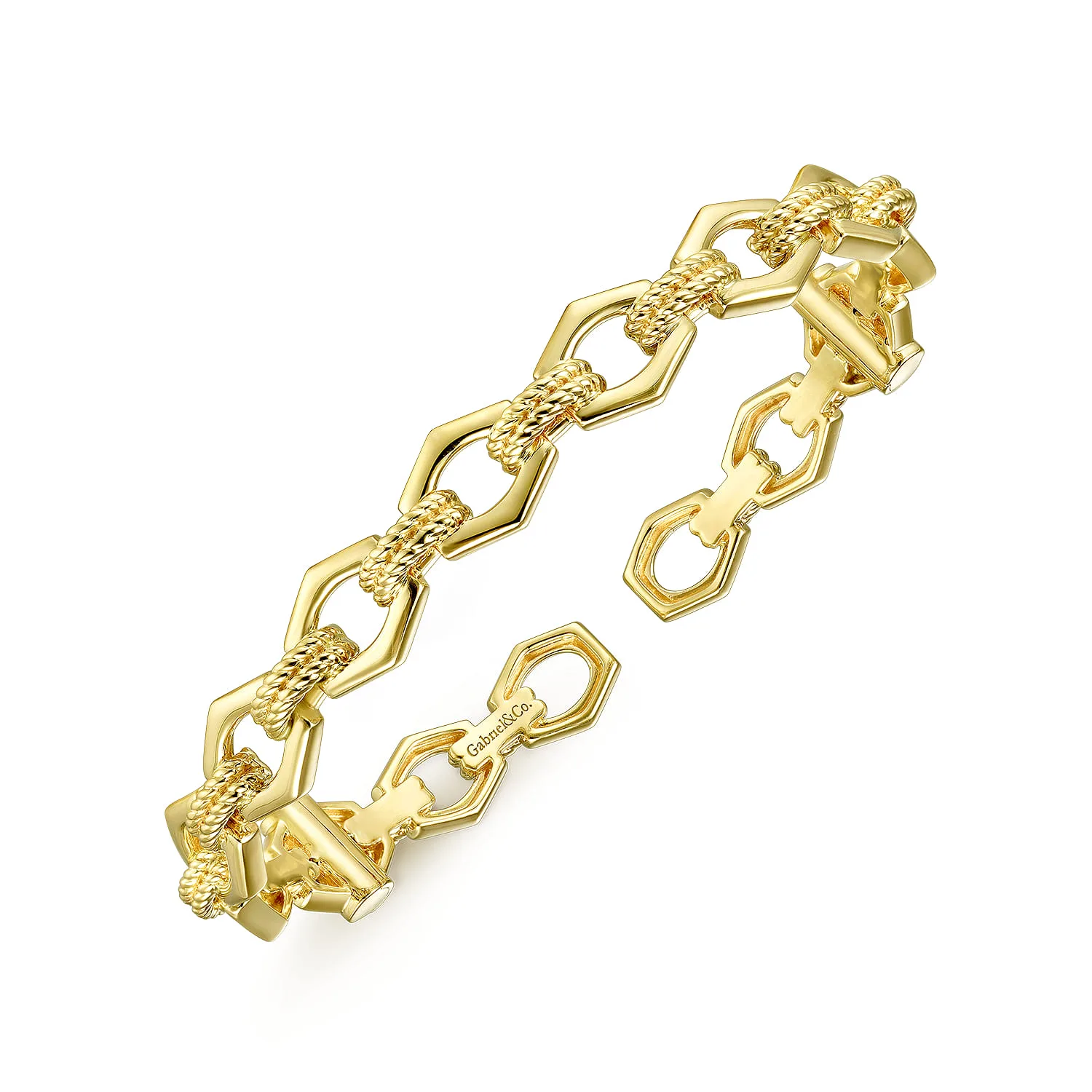 High Polished Chain Link Cuff Bracelet with Twisted Rope Connectors in 14K Yellow Gold, photograph 2