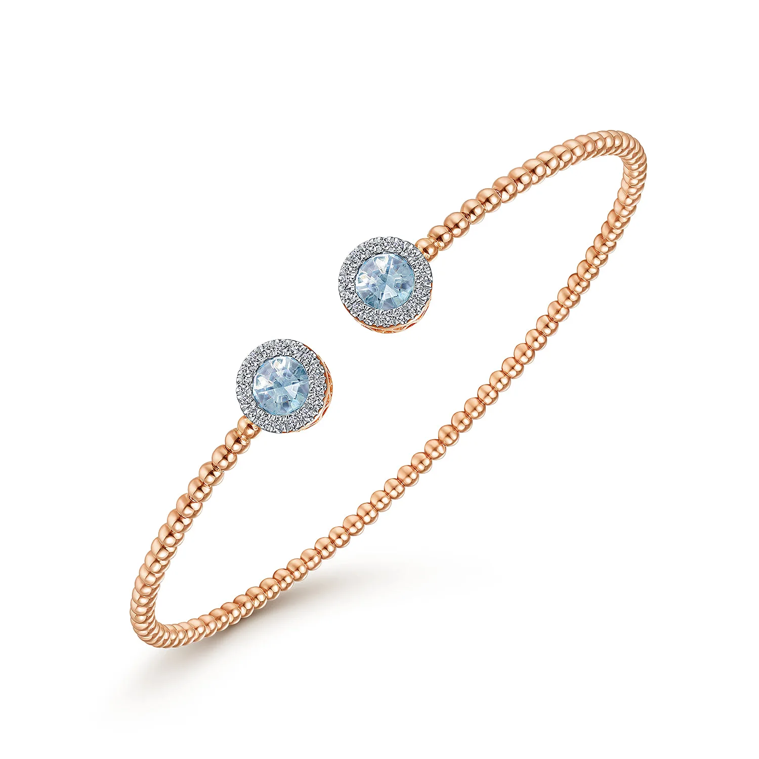Round Sky Blue Topaz and Diamond Halo Bujukan Bangle in 14K Rose Gold, photograph 2
