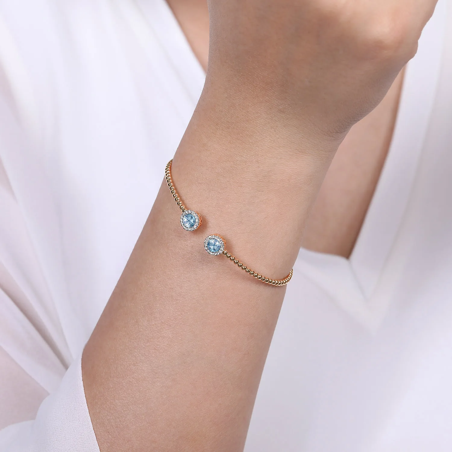 Round Sky Blue Topaz and Diamond Halo Bujukan Bangle in 14K Rose Gold, photograph 4