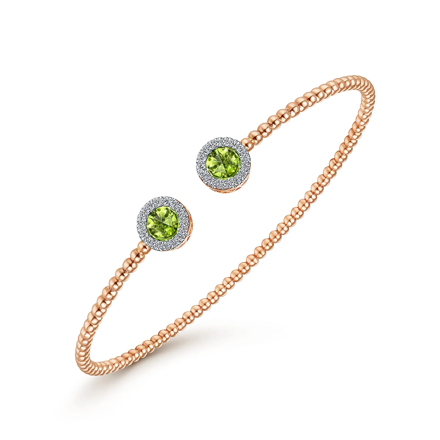 Round Peridot and Diamond Halo Bujukan Bangle in 14K Rose Gold, photograph 2