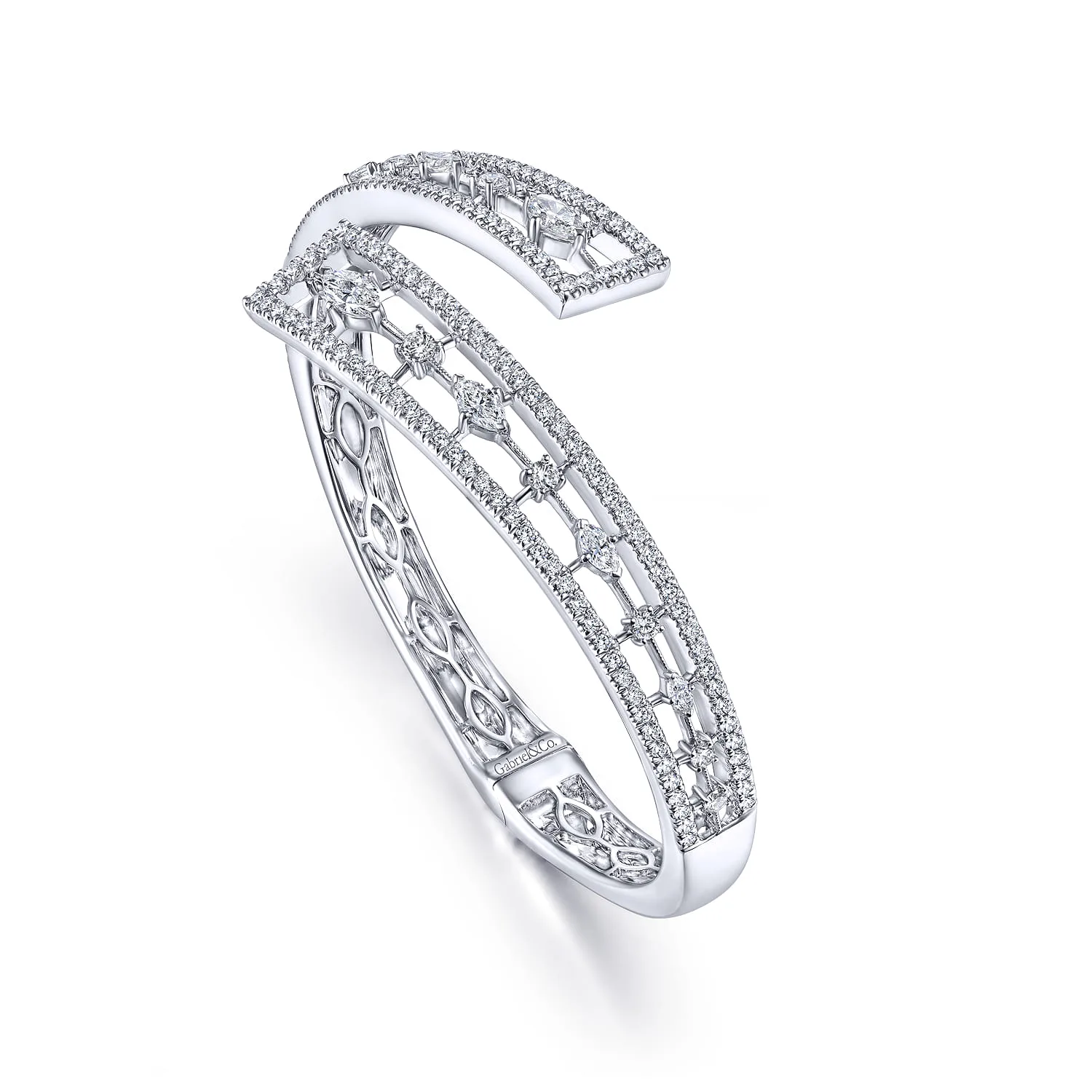 Diamond Pave Bypass Bangle with Geometric Stations in 18K White Gold, photograph 2