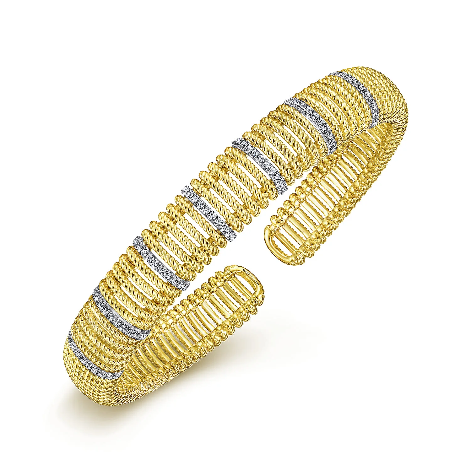 Twisted Rope Cuff Bracelet with Diamond Stations in 14K White/Yellow Gold, photograph 2