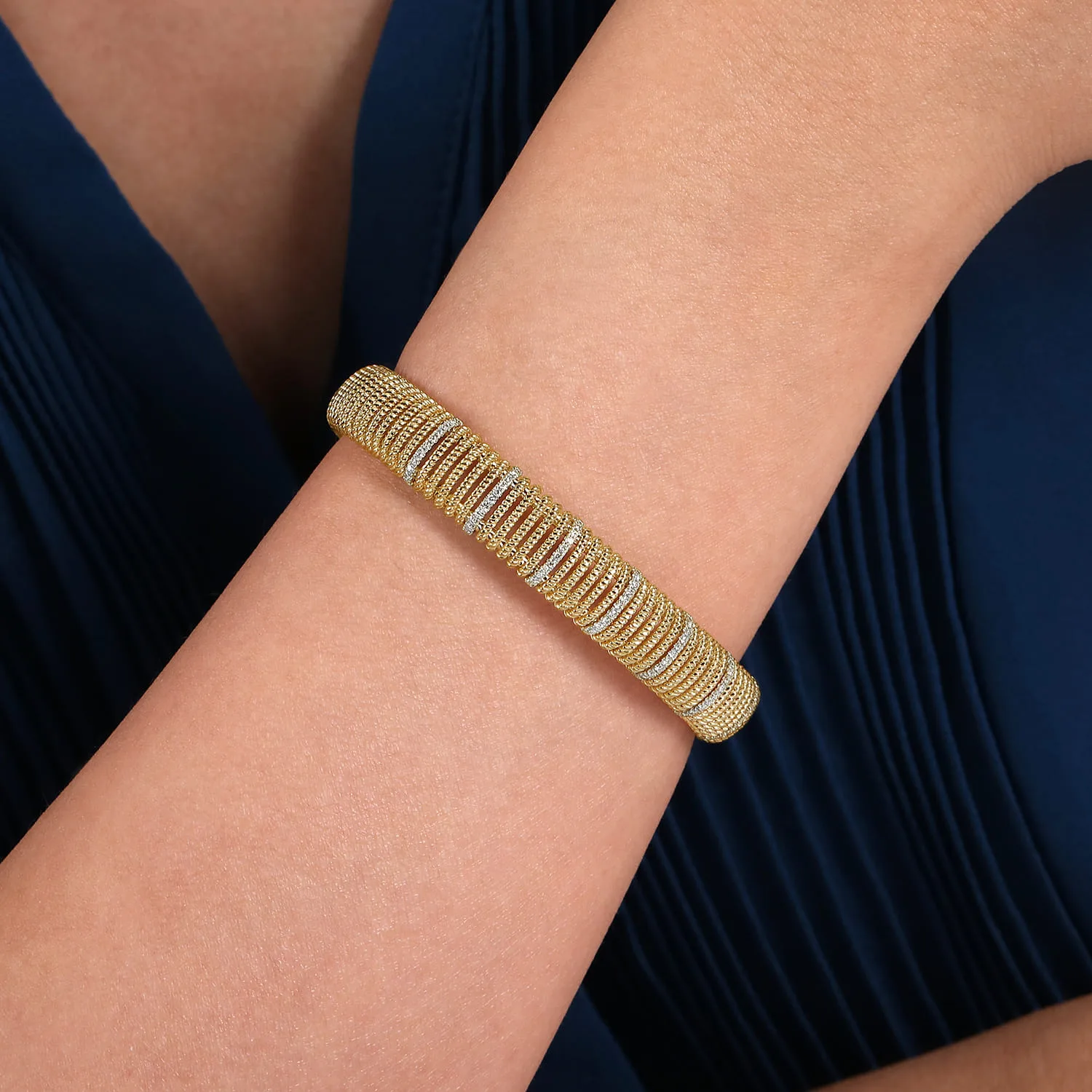 Twisted Rope Cuff Bracelet with Diamond Stations in 14K White/Yellow Gold, photograph 4