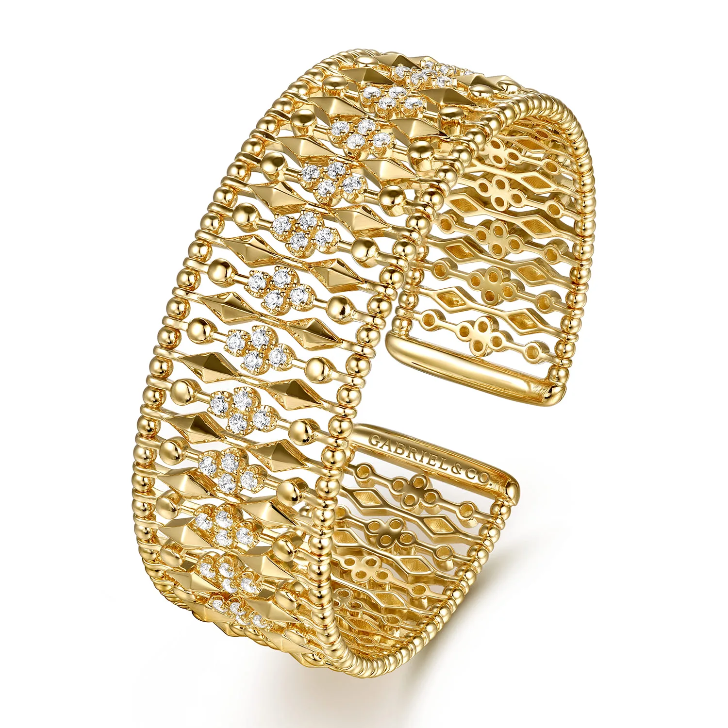 Diamond and Bujukan Beads Cuff Bangle Bracelet in 14K Yellow Gold, photograph 2