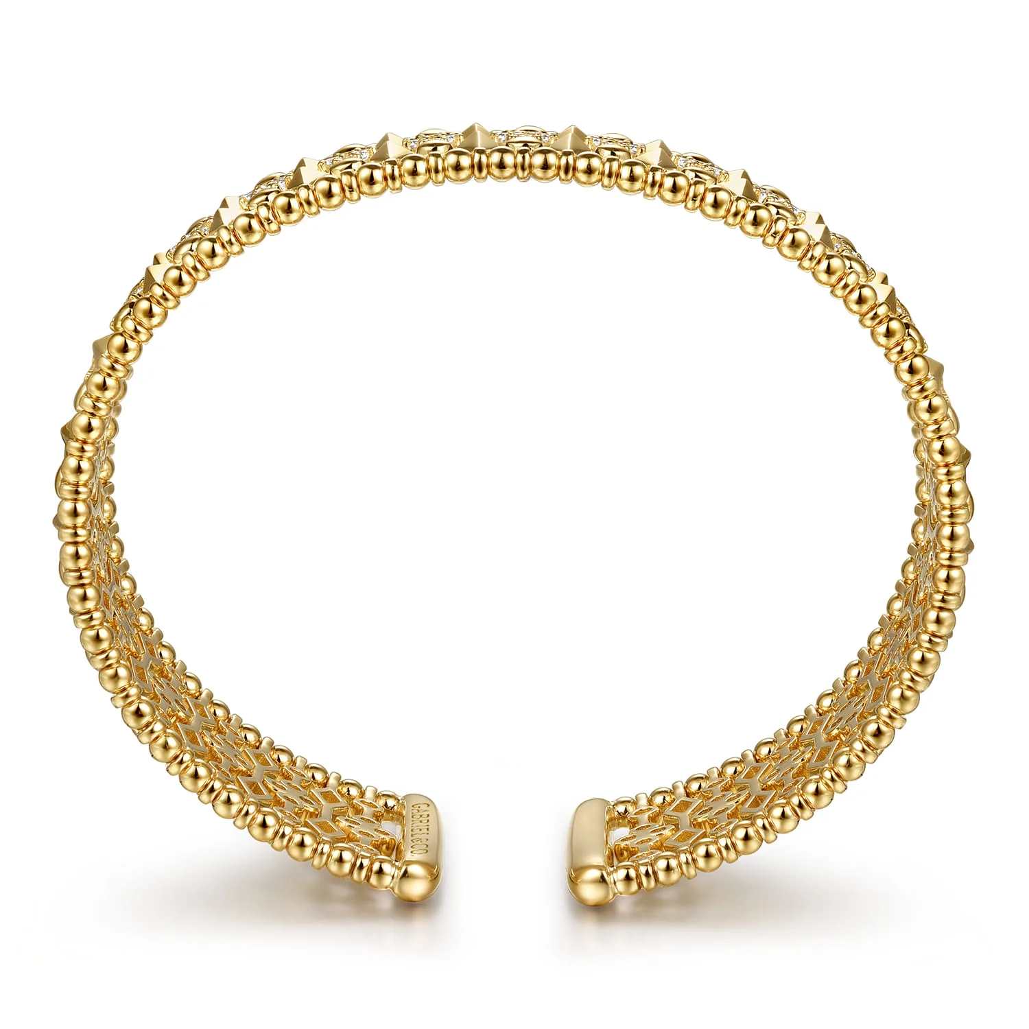 Diamond and Bujukan Beads Cuff Bangle Bracelet in 14K Yellow Gold, photograph 3