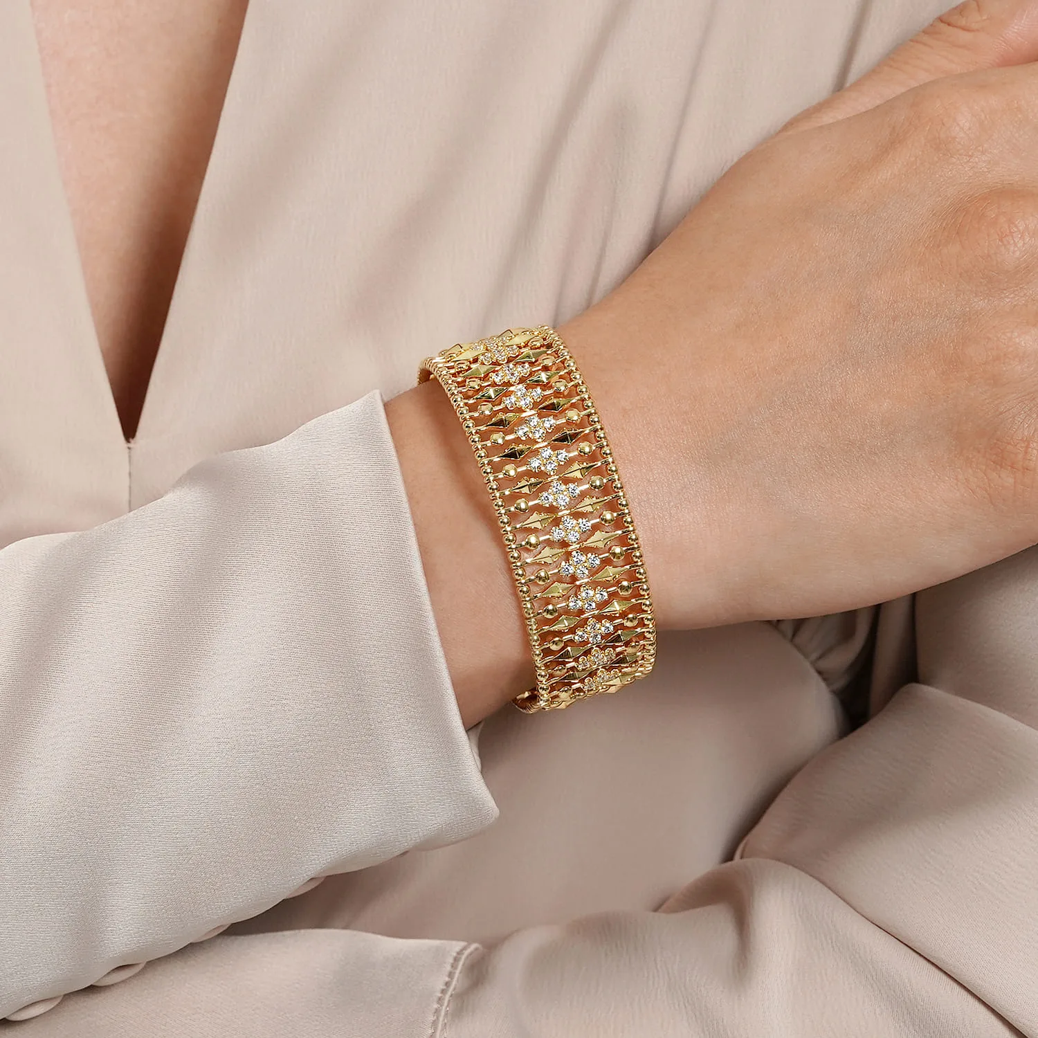 Diamond and Bujukan Beads Cuff Bangle Bracelet in 14K Yellow Gold, photograph 4