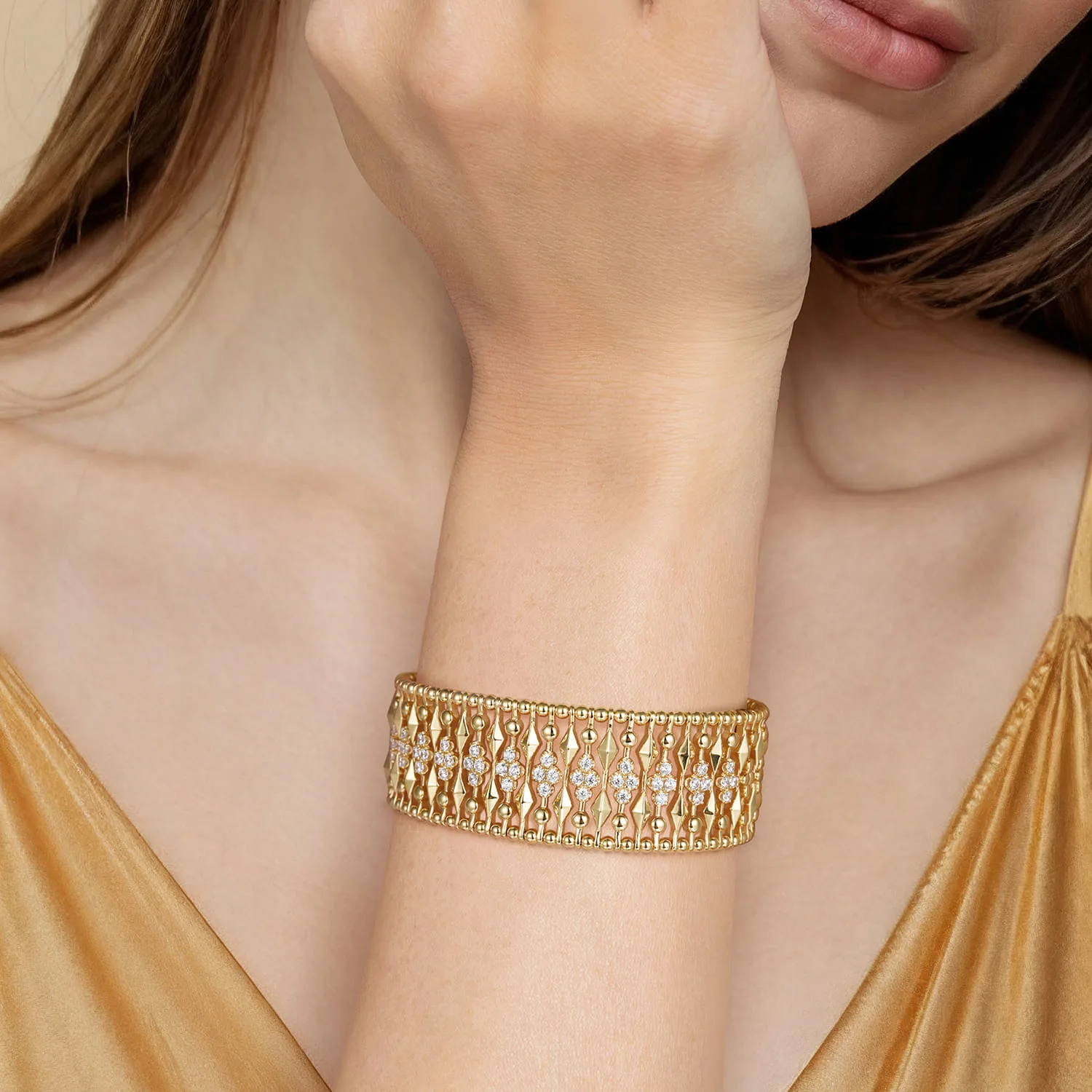 Diamond and Bujukan Beads Cuff Bangle Bracelet in 14K Yellow Gold, photograph 5