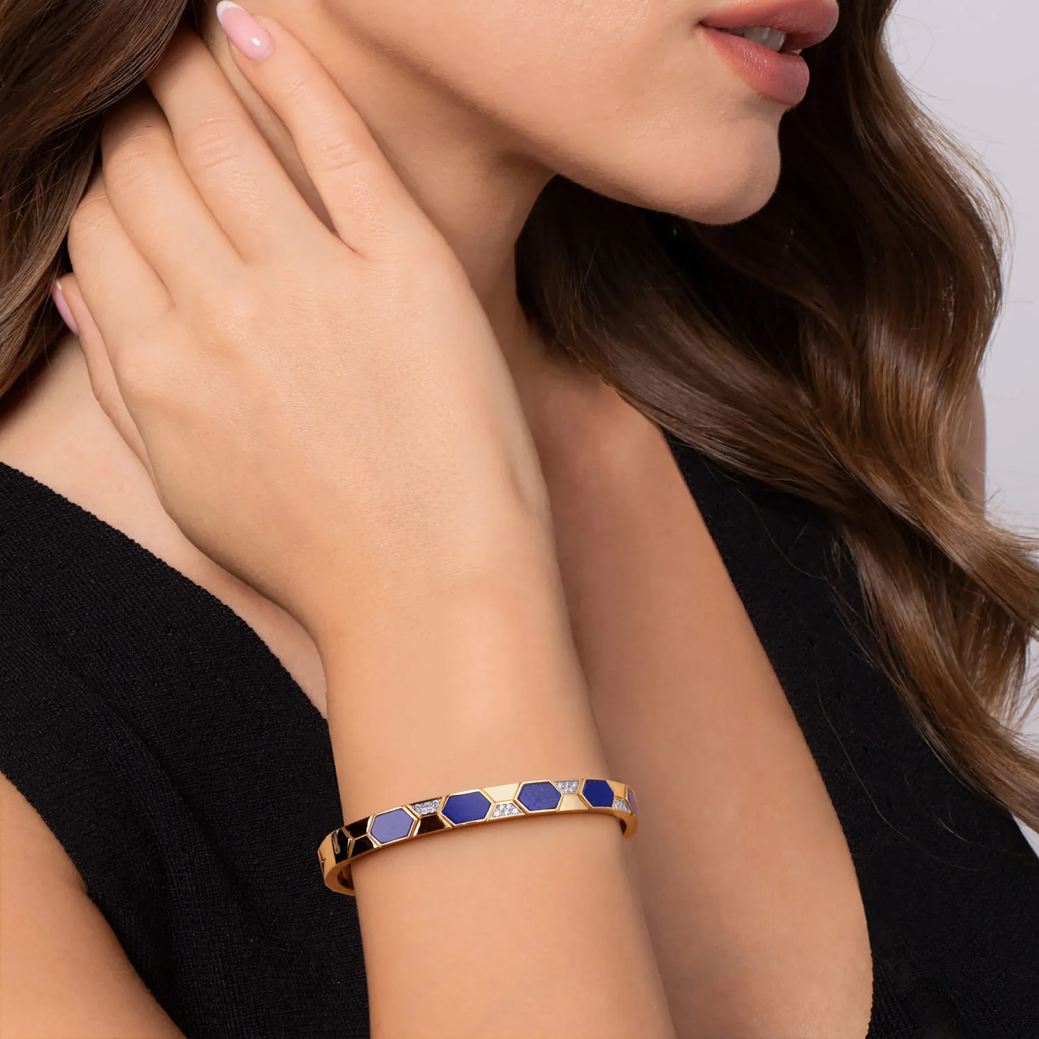 Diamond and Lapis Bangle Bracelet in 14K Yellow Gold, photograph 4