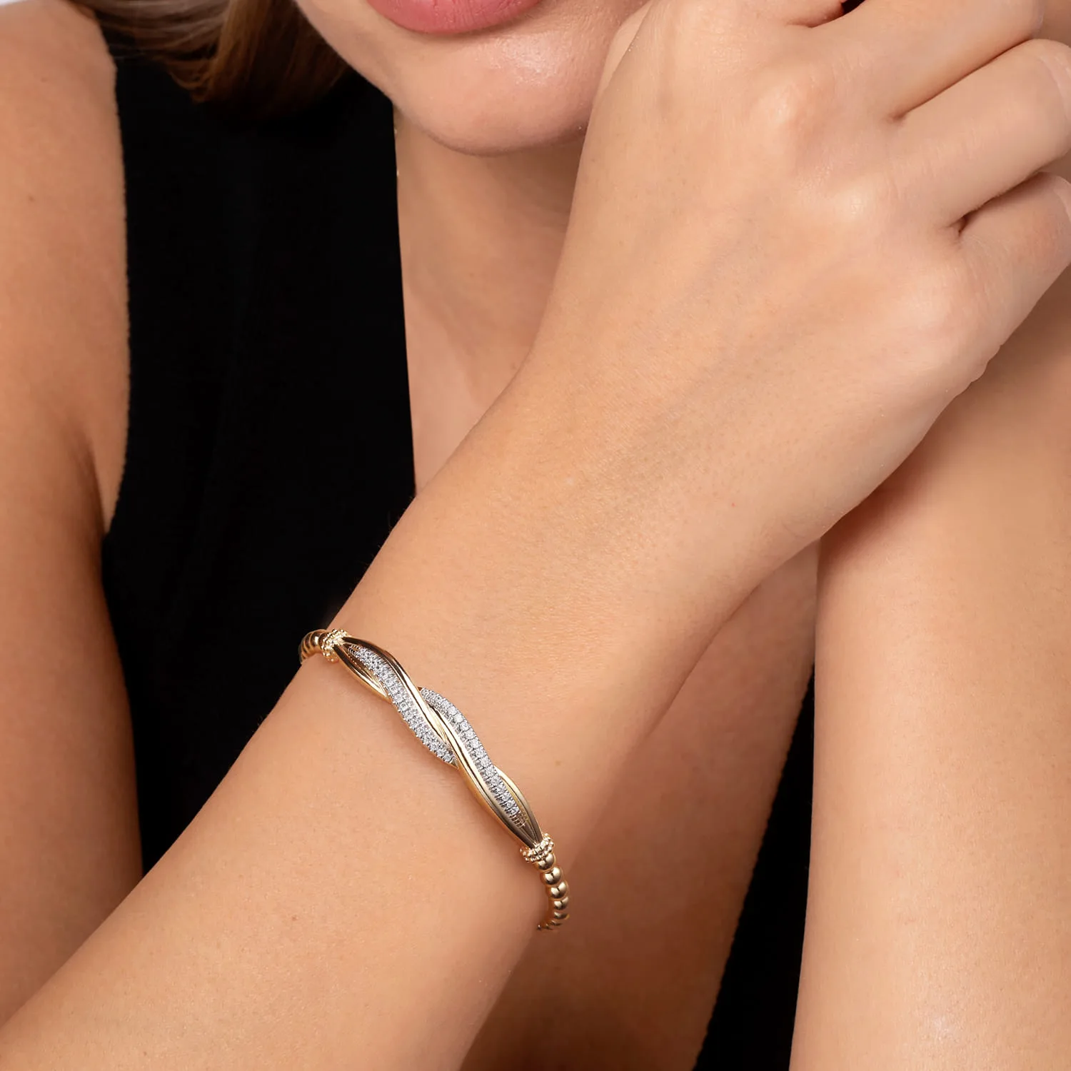 Bujukan and Diamond Twist Split Bangle Bracelet in 14K Yellow Gold, photograph 4