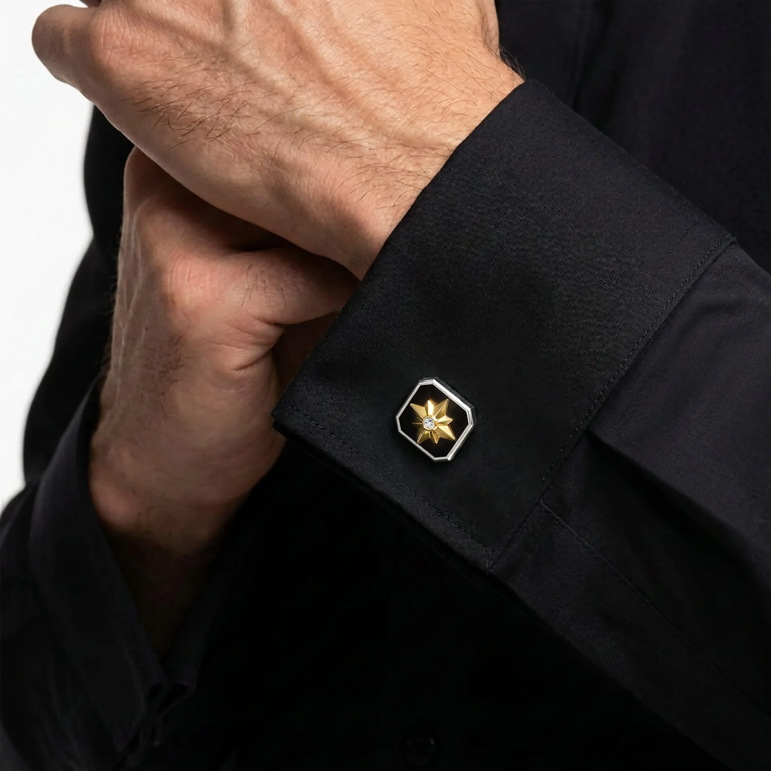 and Startburst Cufflinks with Diamond and Onyx Slab in 14K Yellow Gold, photograph 2