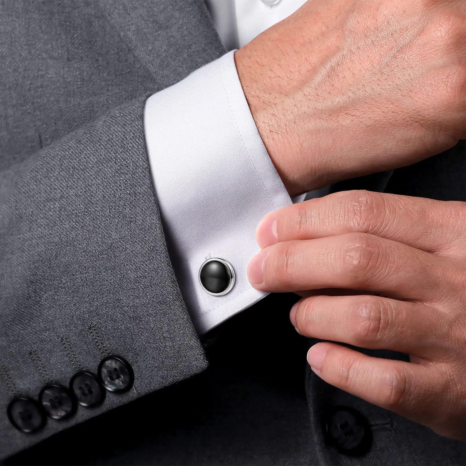 Round Black Onyx Cufflinks in Sterling Silver, photograph 2