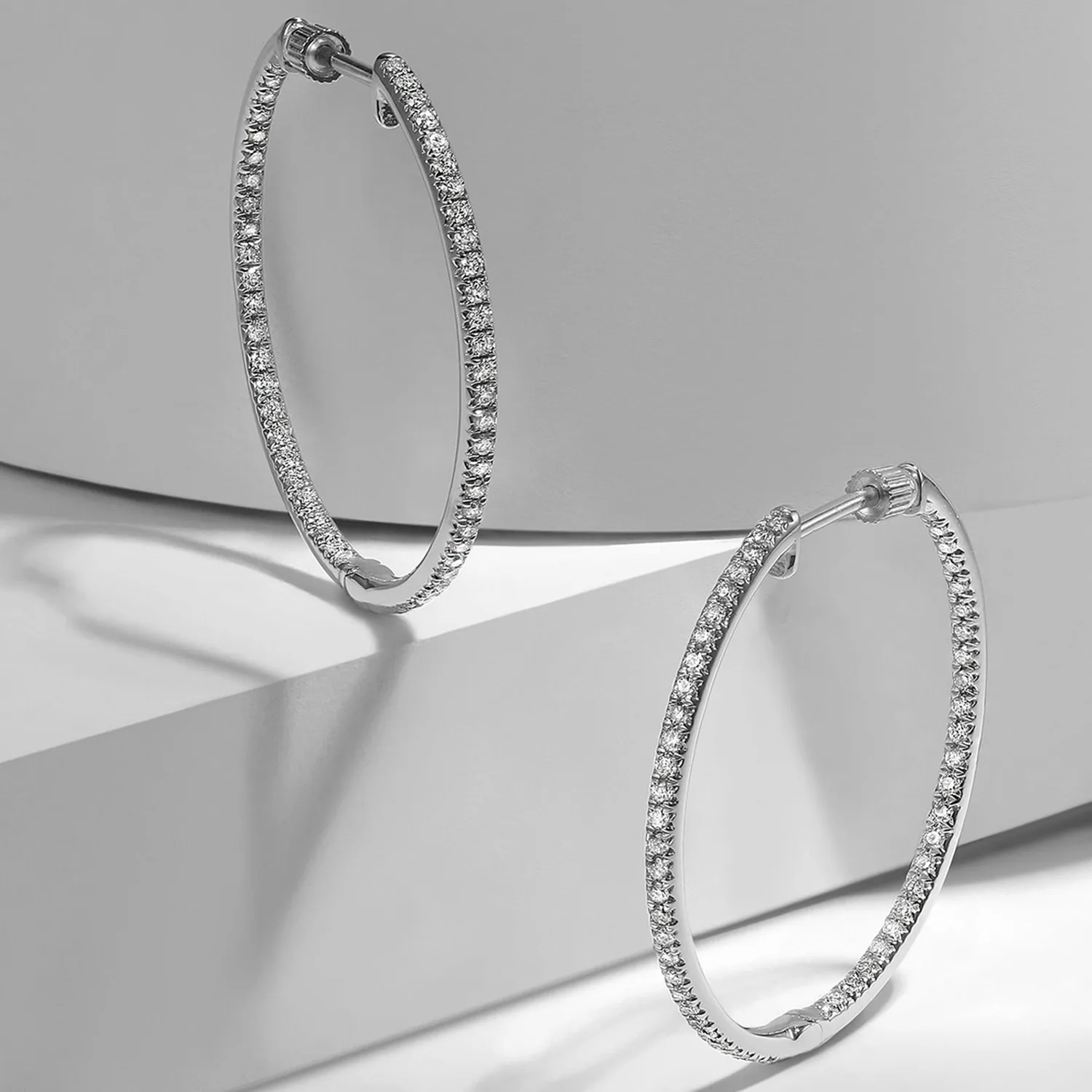 30mm Inside Out Diamond Hoop Earrings in 14K White Gold, photograph 3