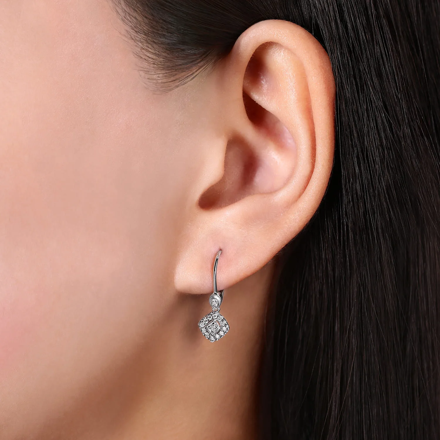 Vintage Inspired Style Square Diamond Drop Earrings in 14K White Gold, photograph 2