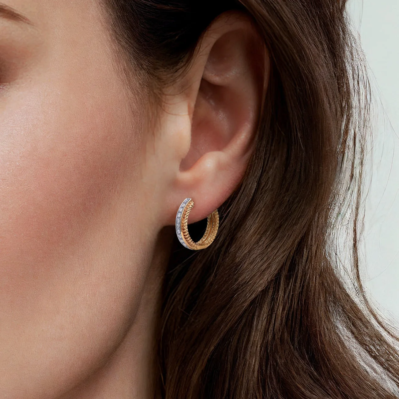 15mm Diamond Hoop Earrings in 14K Yellow Gold, photograph 2