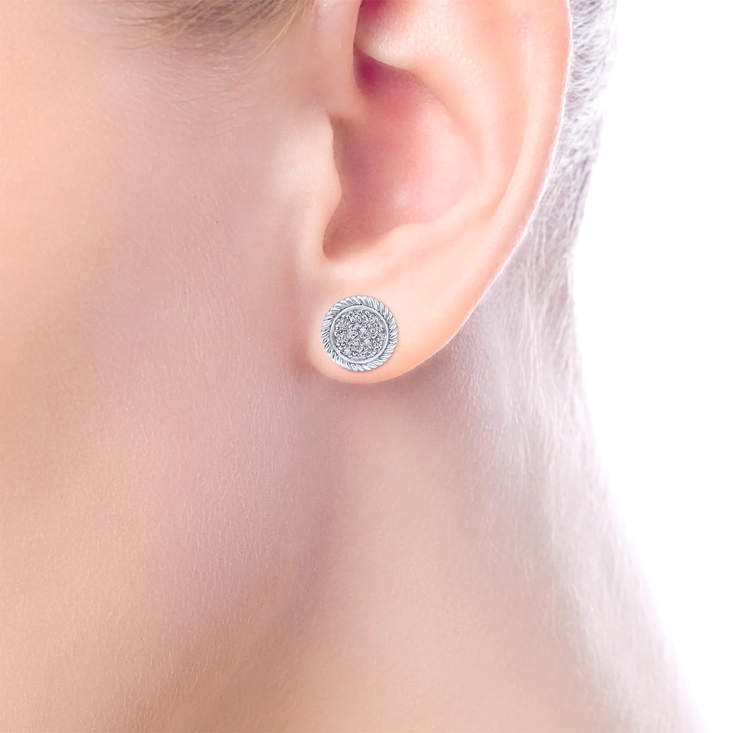 Diamond Cluster Stud Earrings with Twisted Rope Frame in 14K White Gold, photograph 2