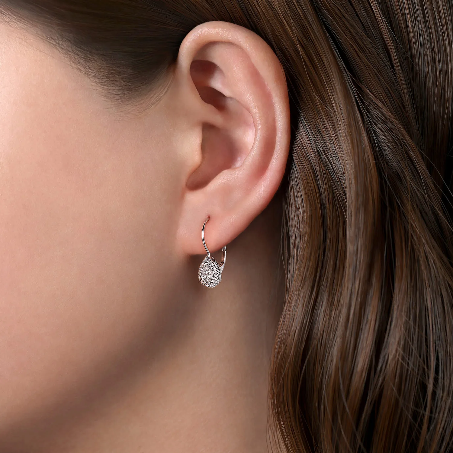 Teardrop Diamond Drop Earrings with Twisted Rope Frames in 14K White Gold, photograph 2