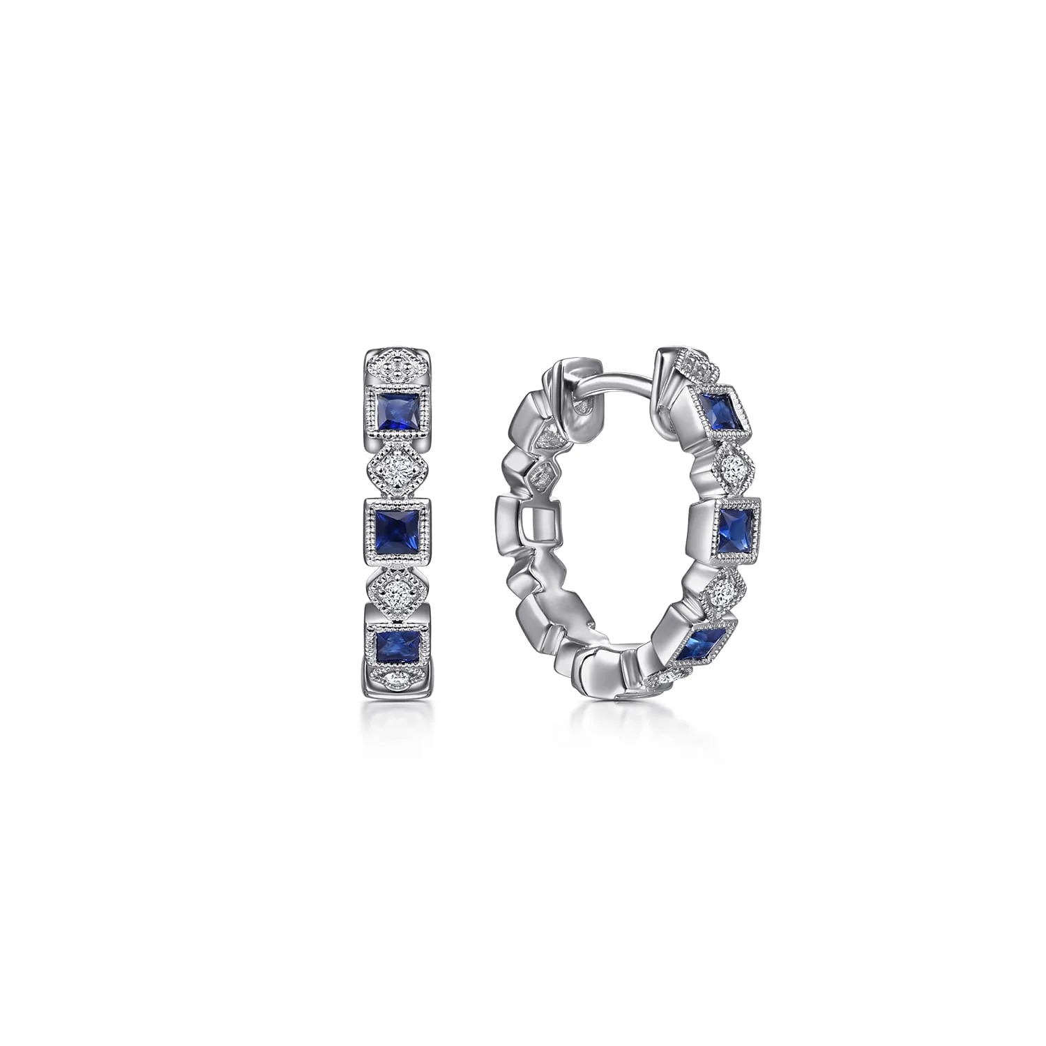 Vintage Inspired 15mm Sapphire and Diamond Huggies