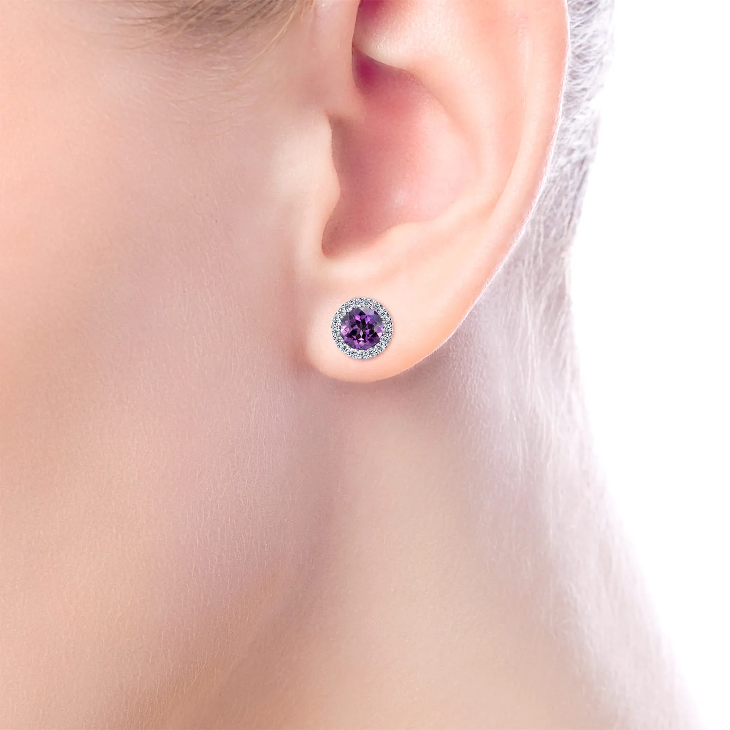 Round Amethyst and Diamond Halo Stud Earrings in 14K White Gold, photograph 2