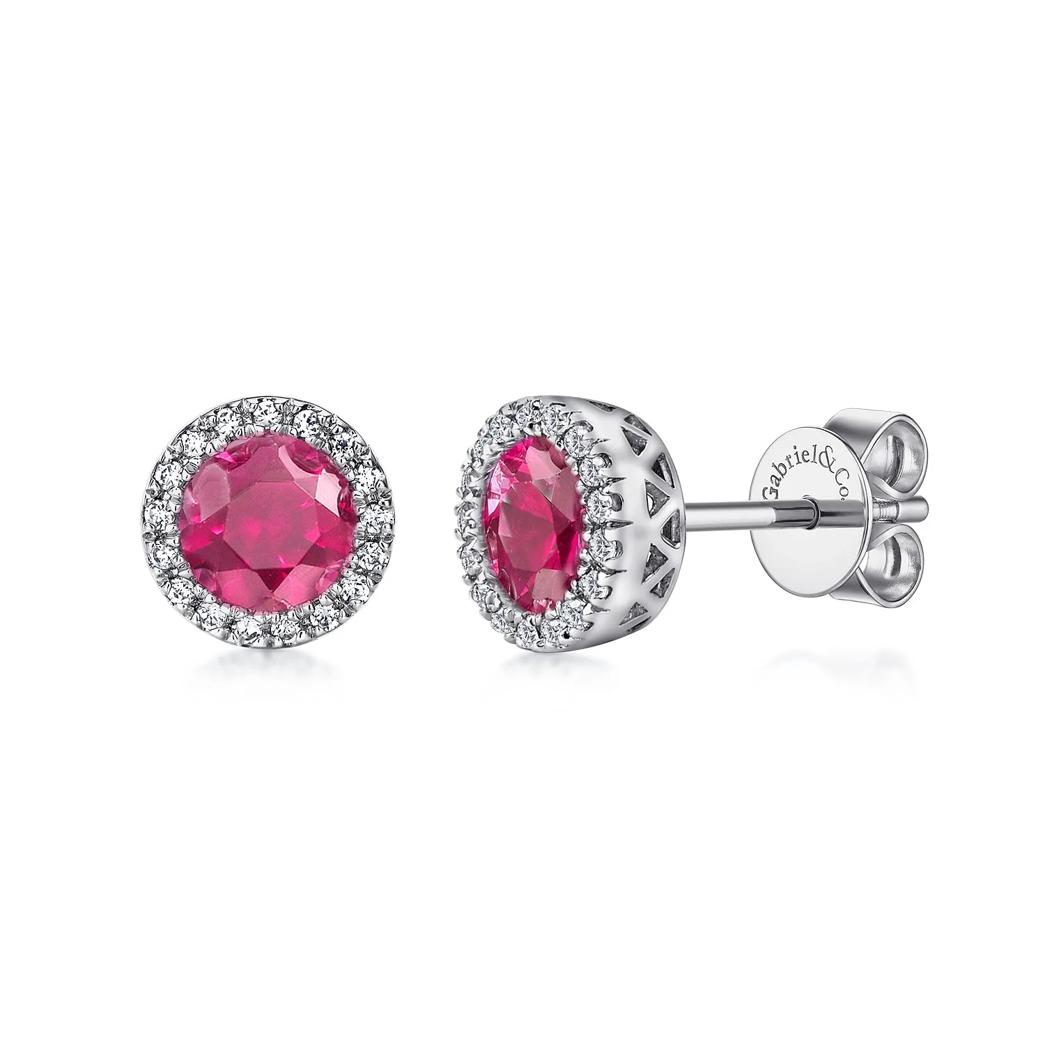 14K W.Gold Ruby Dia Halo Stud Earrings