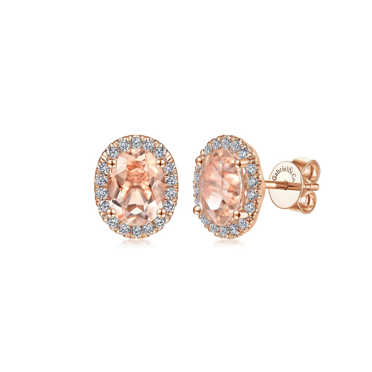 Oval Morganite and Diamond Halo Stud Earrings