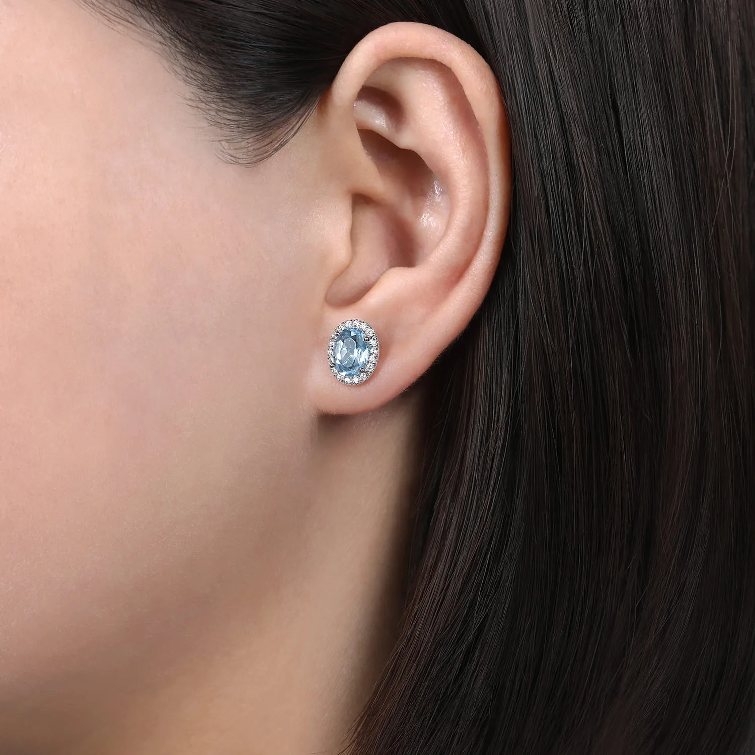 Oval Halo Aquamarine and Diamond Stud Earrings in 14K White Gold, photograph 2