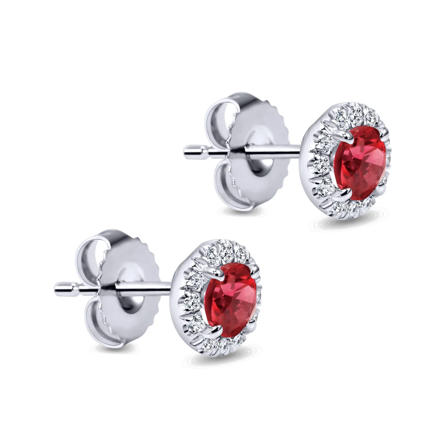 Round Diamond Halo Ruby Stud Earrings in 14K White Gold, photograph 2