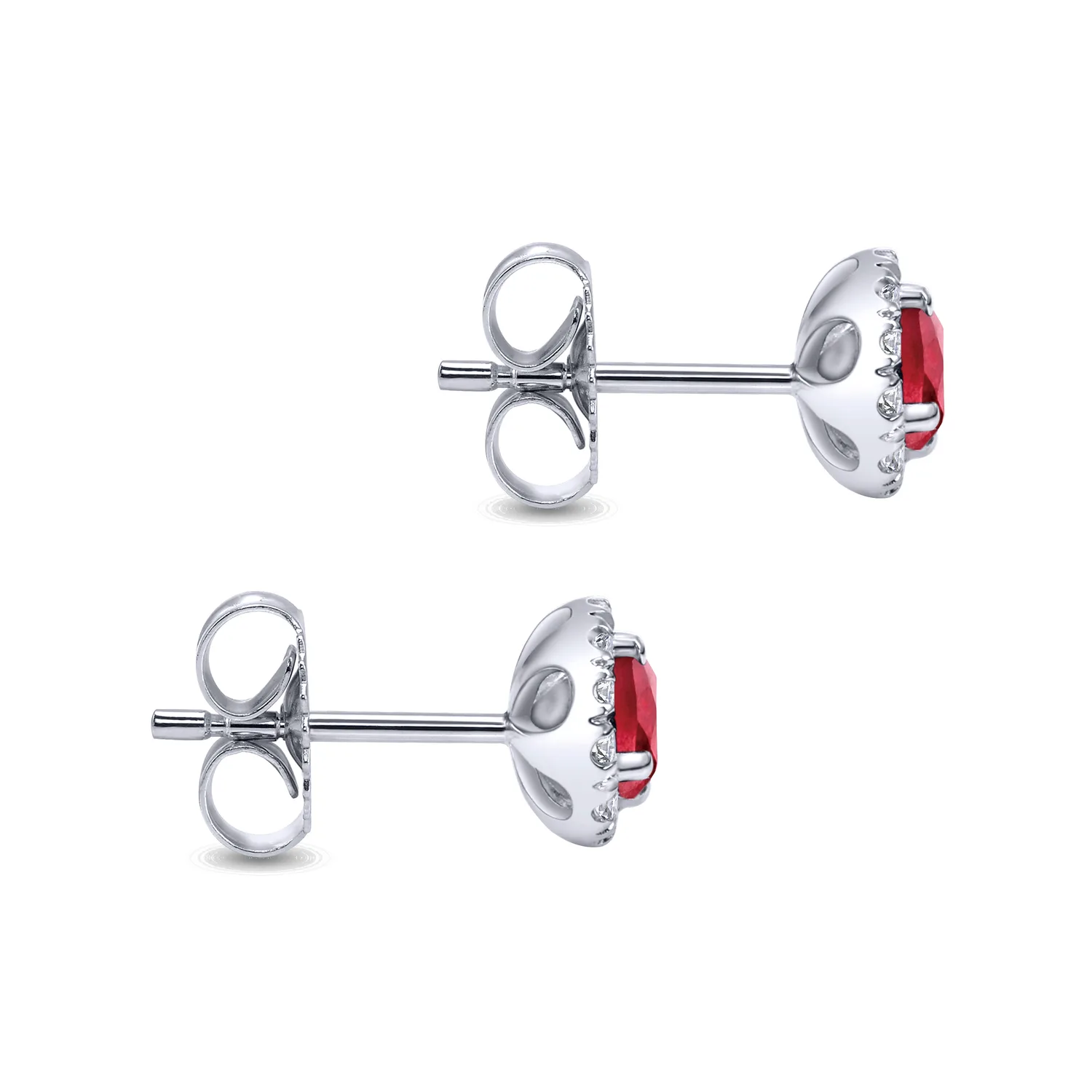Round Diamond Halo Ruby Stud Earrings in 14K White Gold, photograph 3