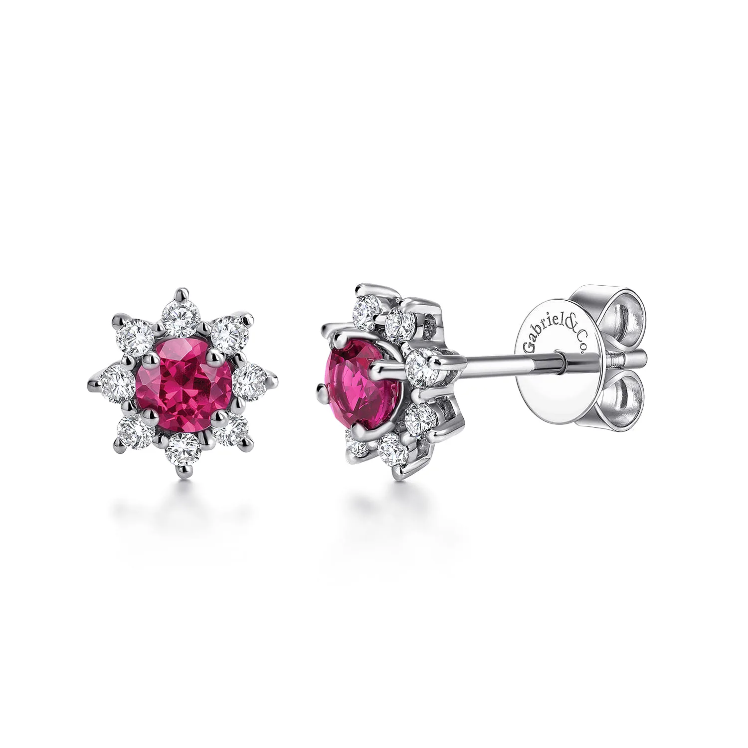 Round Ruby and Diamond Halo Stud Earrings