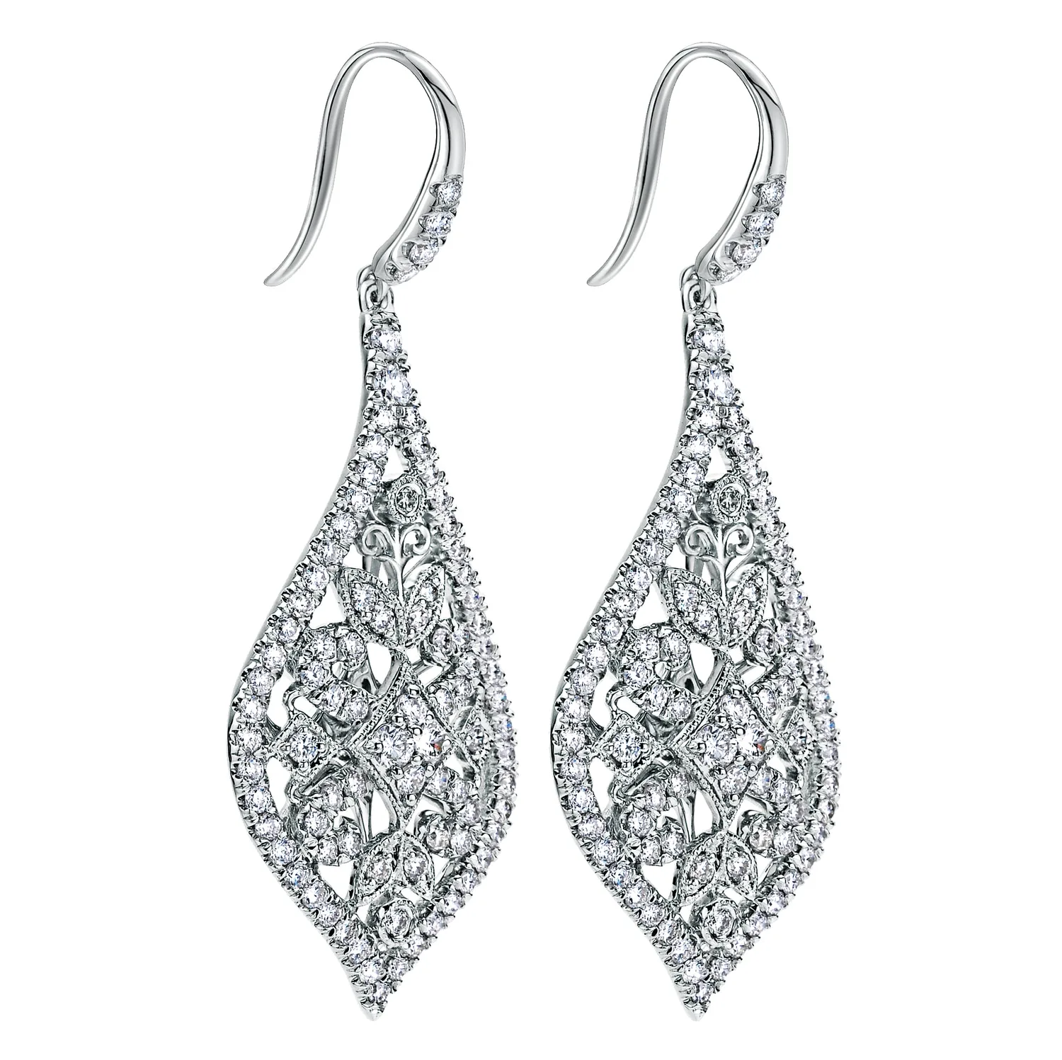 Intricate Pointed Teardrop Diamond Drop Earrings in 18K White Gold, photograph 2