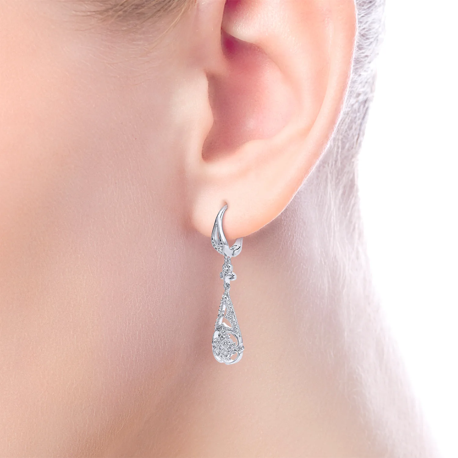 Vintage Inspired Teardrop Cutout Diamond Drop Earrings in 14K White Gold, photograph 2