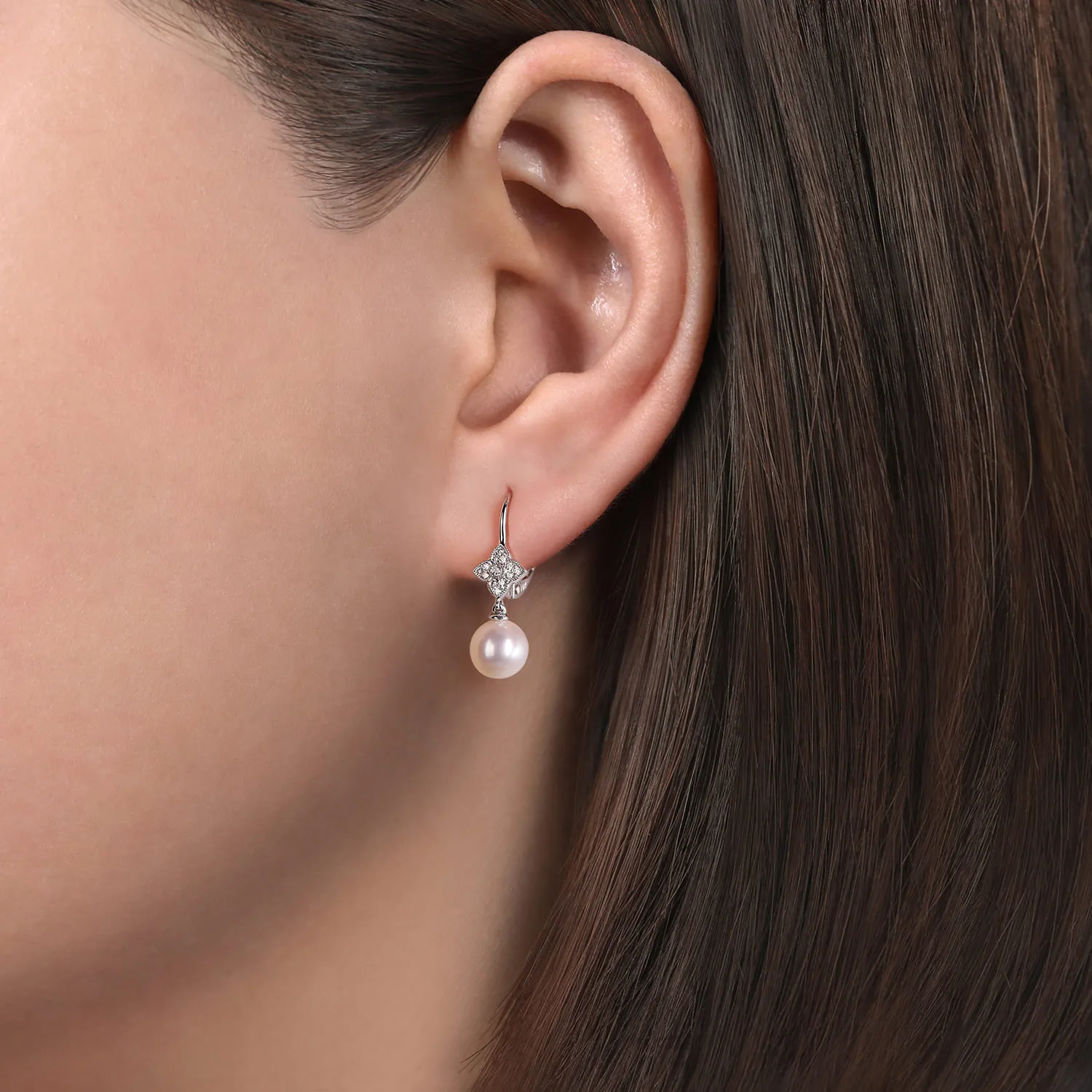 Floral Diamond Pearl Drop Earrings in 14K White Gold, photograph 2