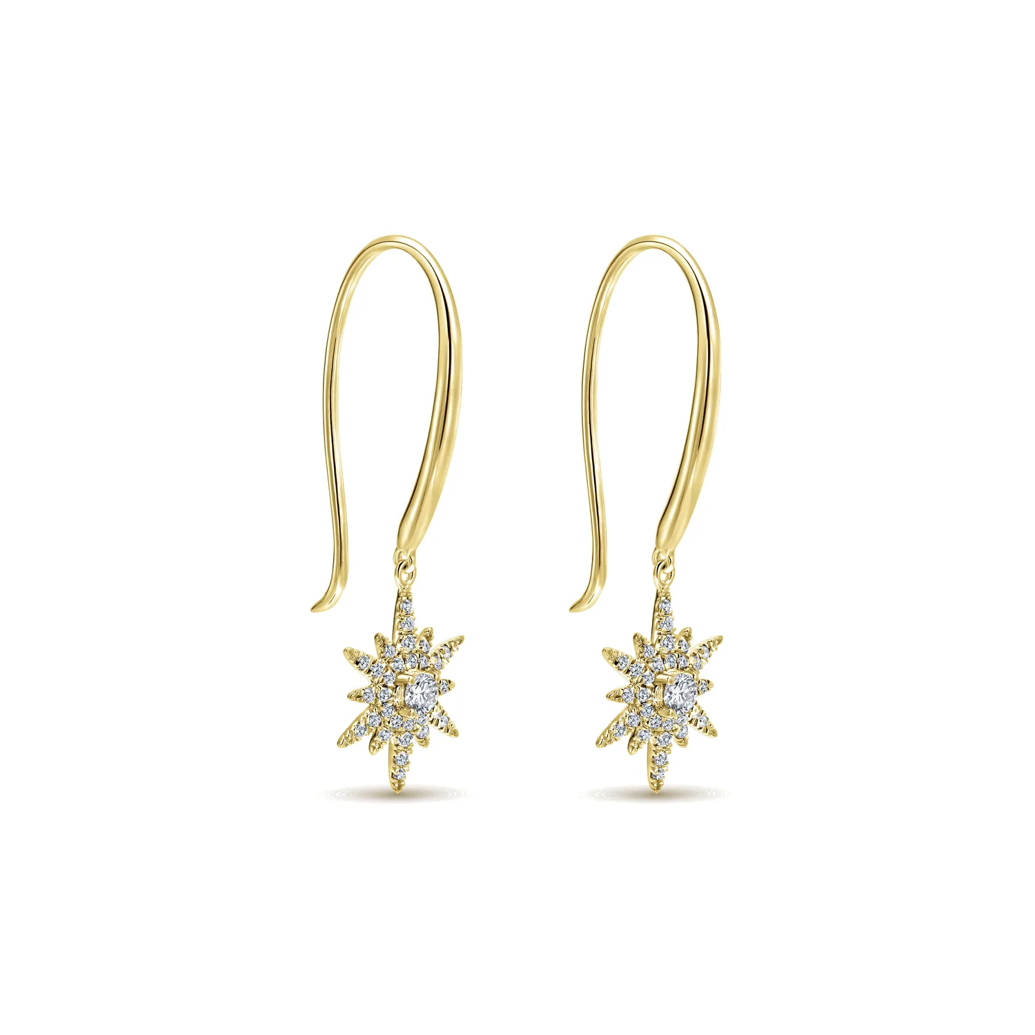 Diamond Star Fish Wire Drop Earrings in 14K Yellow Gold, photograph 2