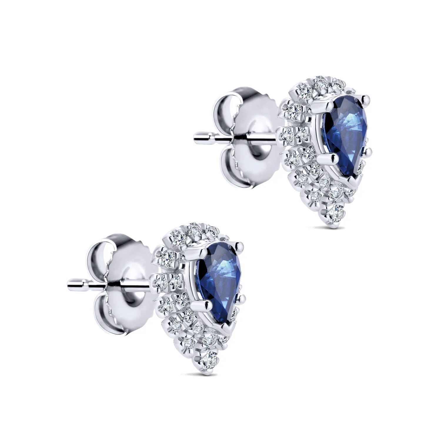 Pear Shaped Halo Diamond and Sapphire Stud Earrings in 14K White Gold, photograph 2